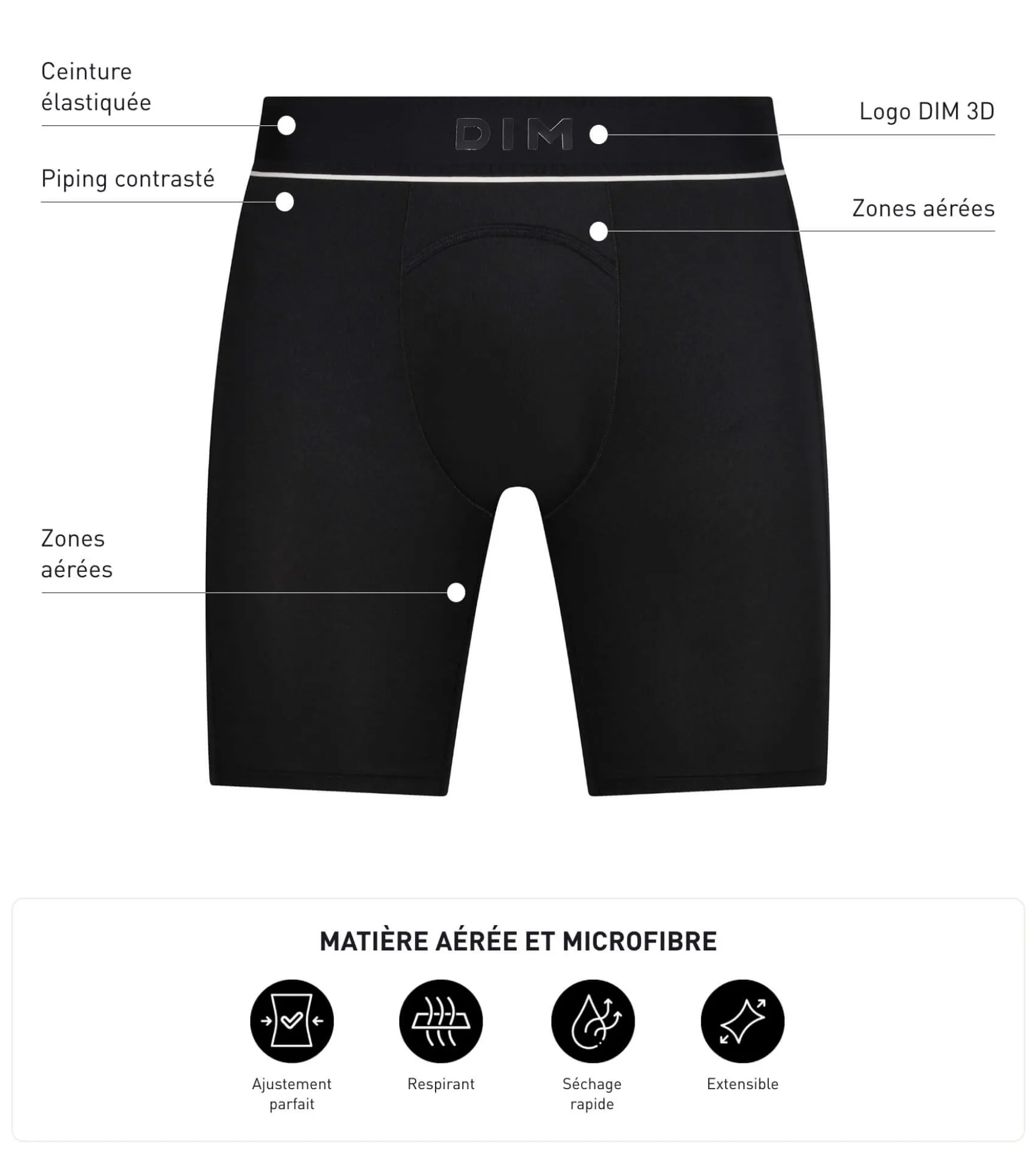Boxer long homme en microfibre et mesh Noir Dim Move