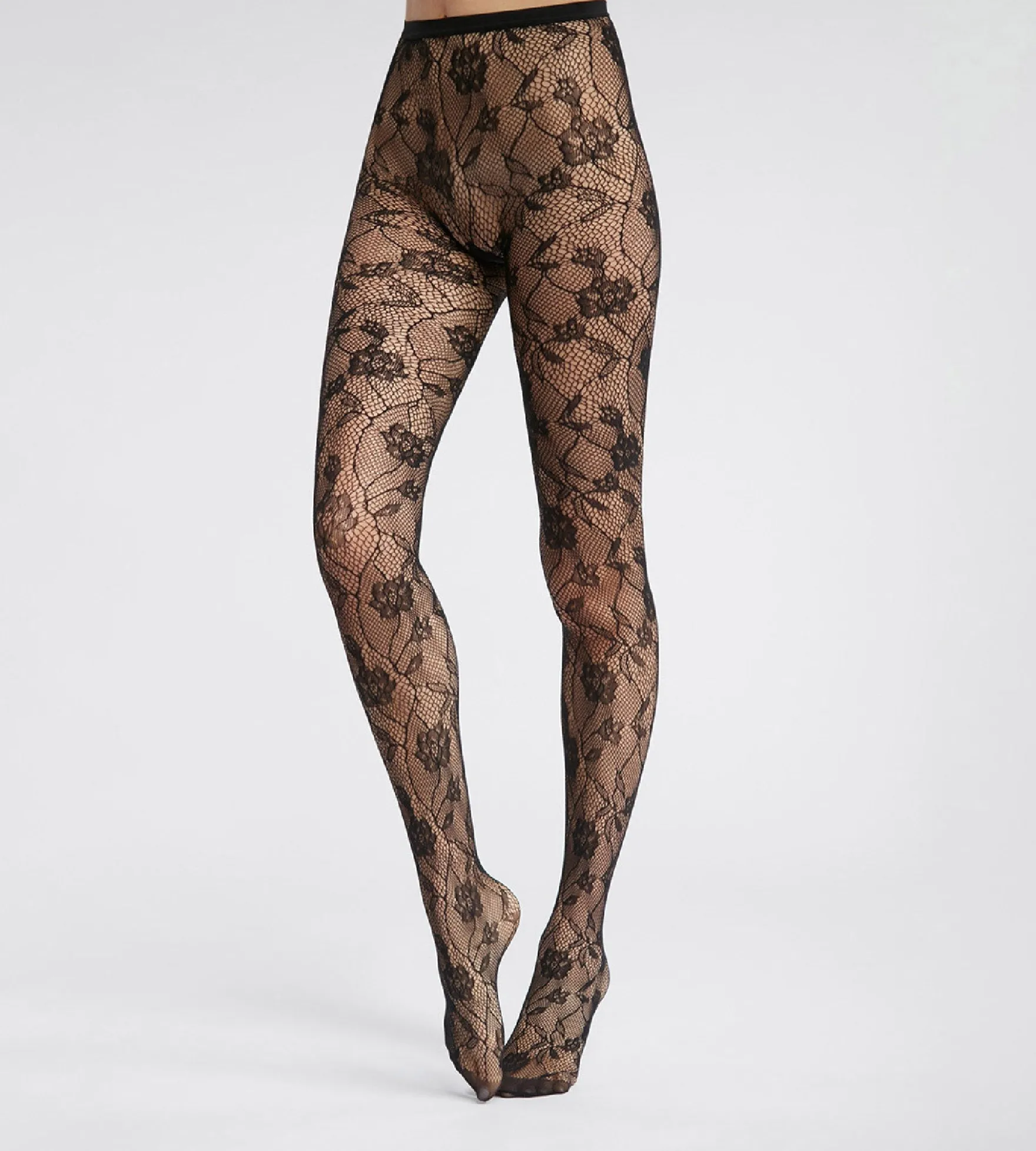 Collant femme en résille et dentelle florale Noir Dim Style