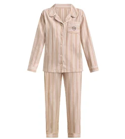 Ensemble pyjama femme flanelle rayée brun et beige DIM x Ines de la Fressange