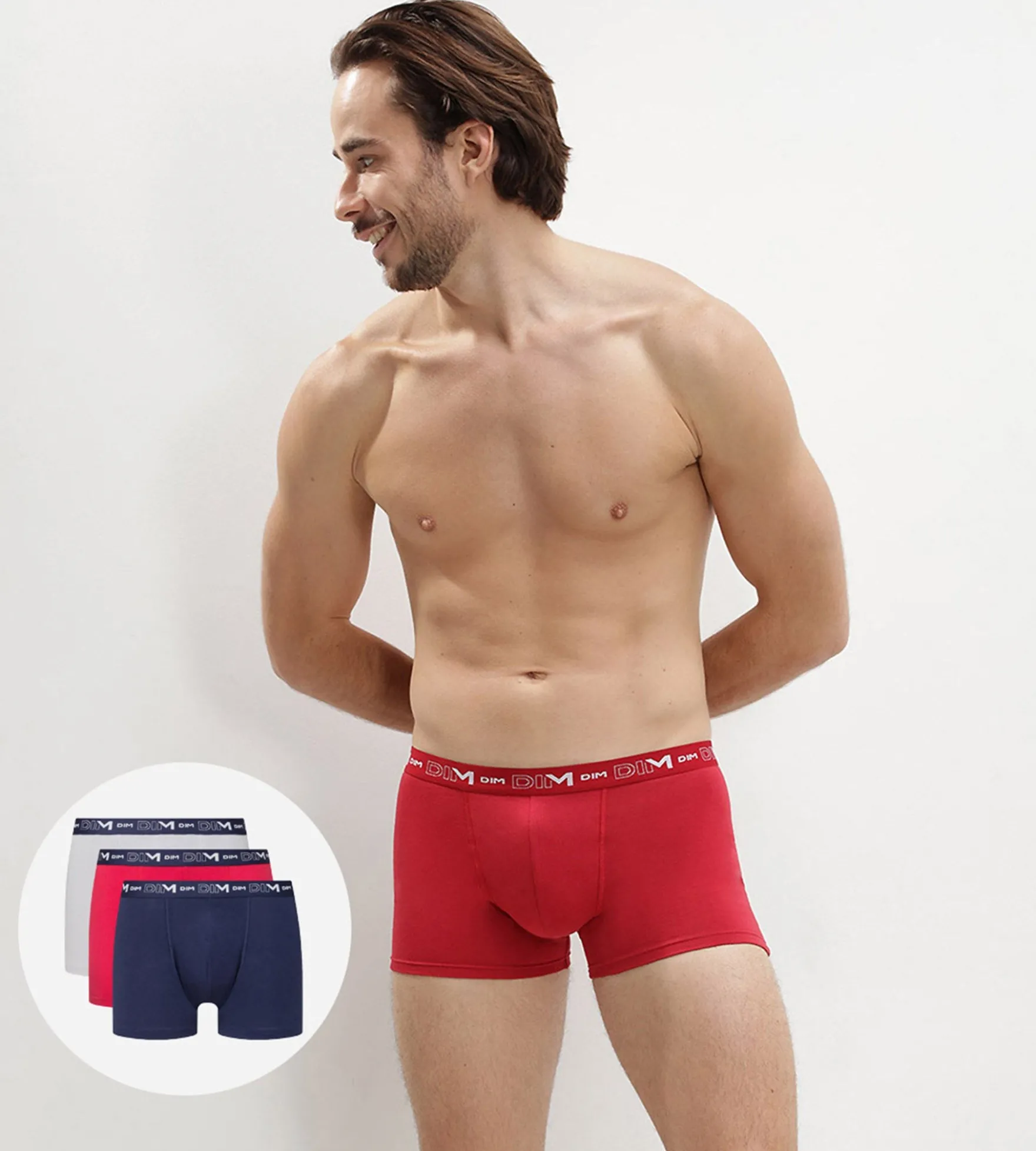 Lot de 3 boxers homme bleu denim rouge topaze acier Coton Stretch