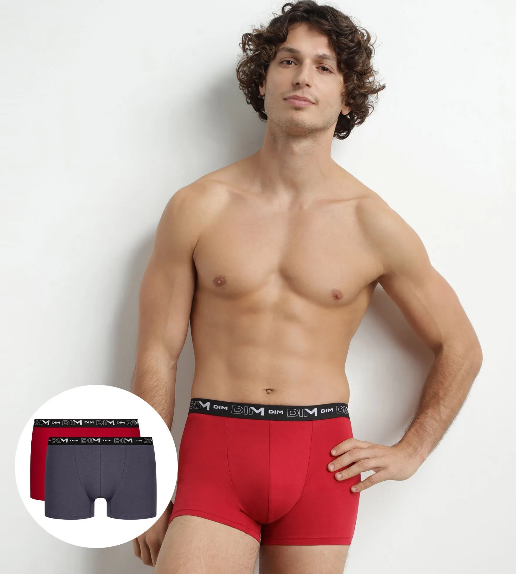 Lot de 2 Boxers homme Gris Rouge ceinture contrastée Dim Coton Stretch