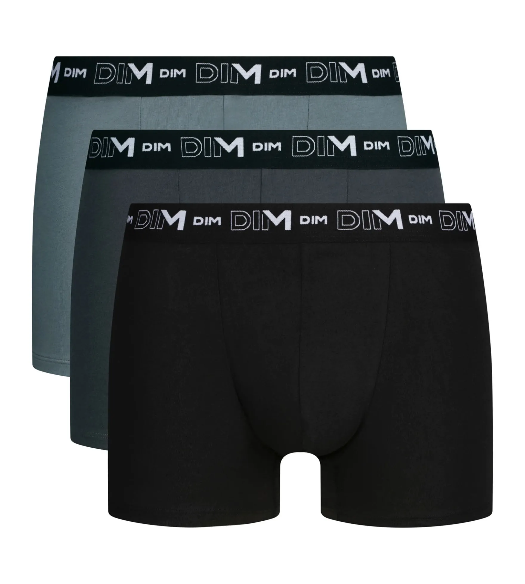 Lot de 3 boxers homme Noir Gris ceinture contrastée Dim Coton Stretch