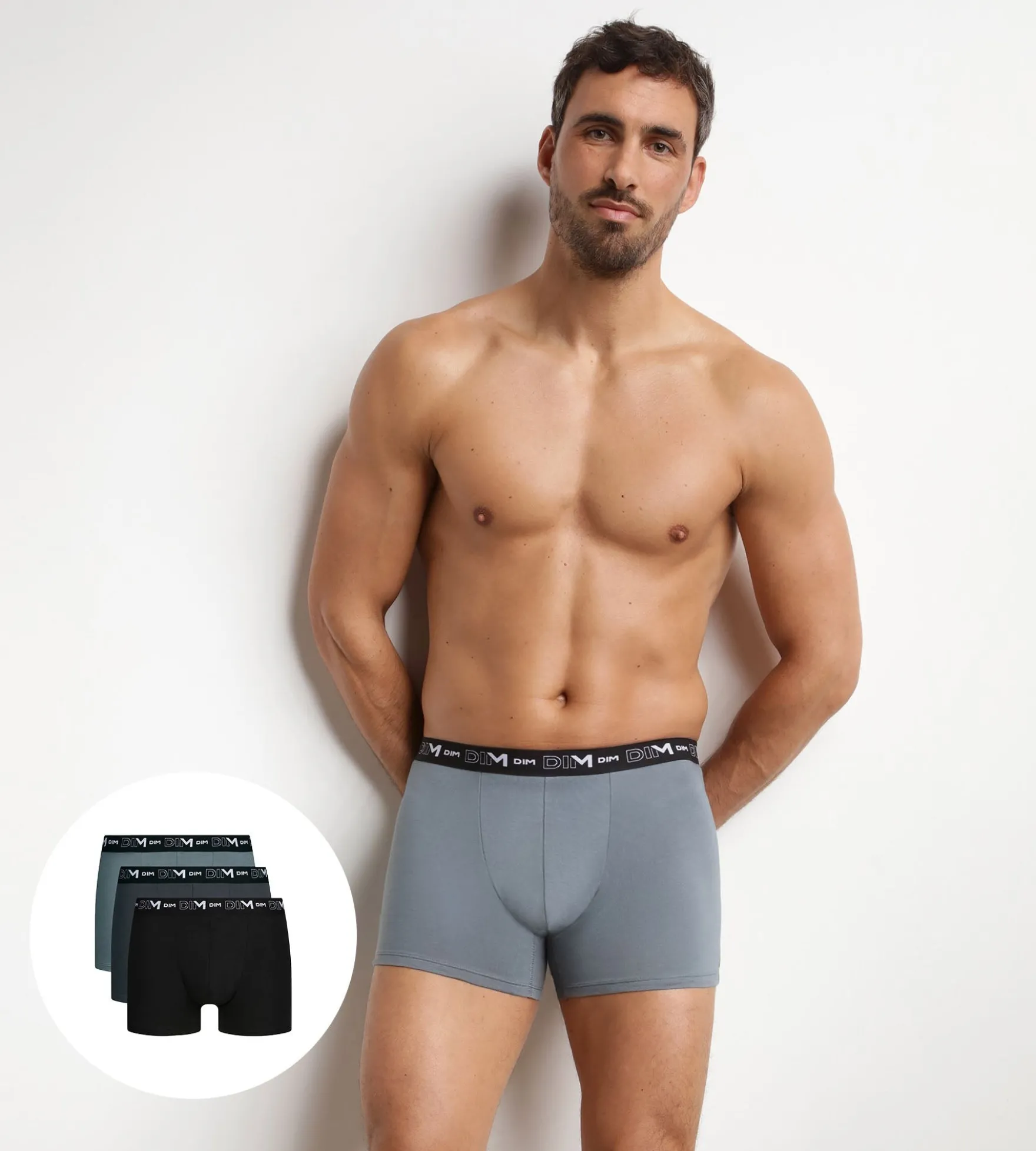 Lot de 3 boxers homme Noir Gris ceinture contrastée Dim Coton Stretch