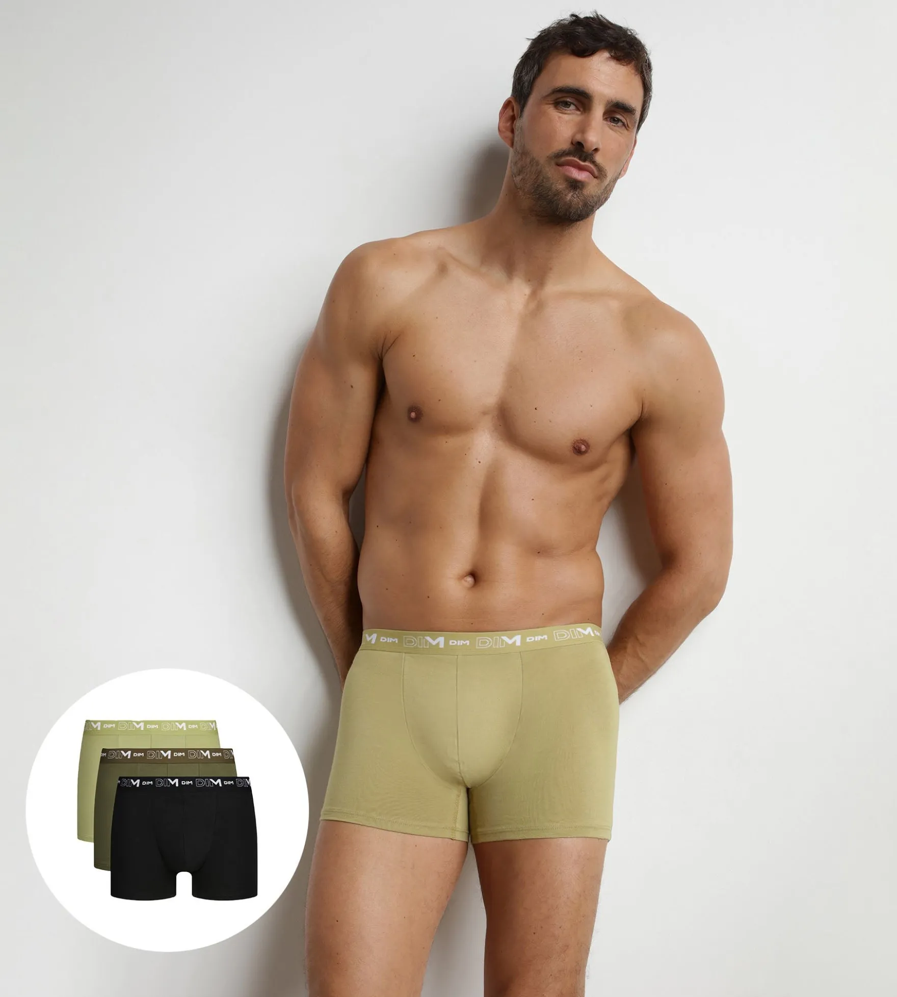 Lot de 3 boxers homme Noir Sable ceinture contrastée Dim Coton Stretch