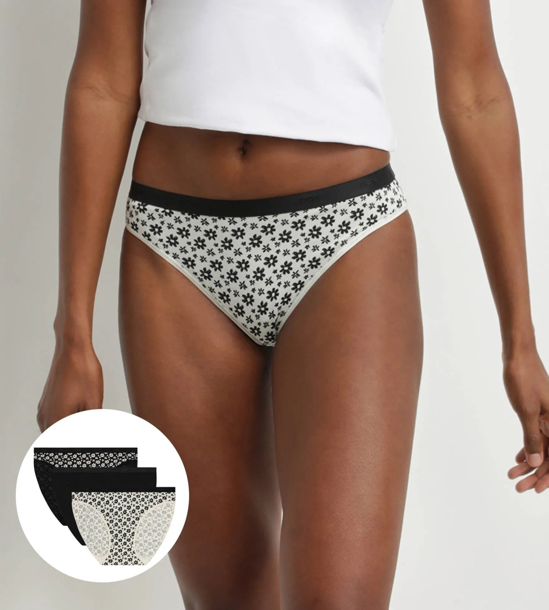 Lot de 3 culottes en coton stretch motif floral Blanc Noir Les Pockets