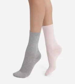 Lot de 2 paires de chaussettes femme Rose Gris Dim Coton