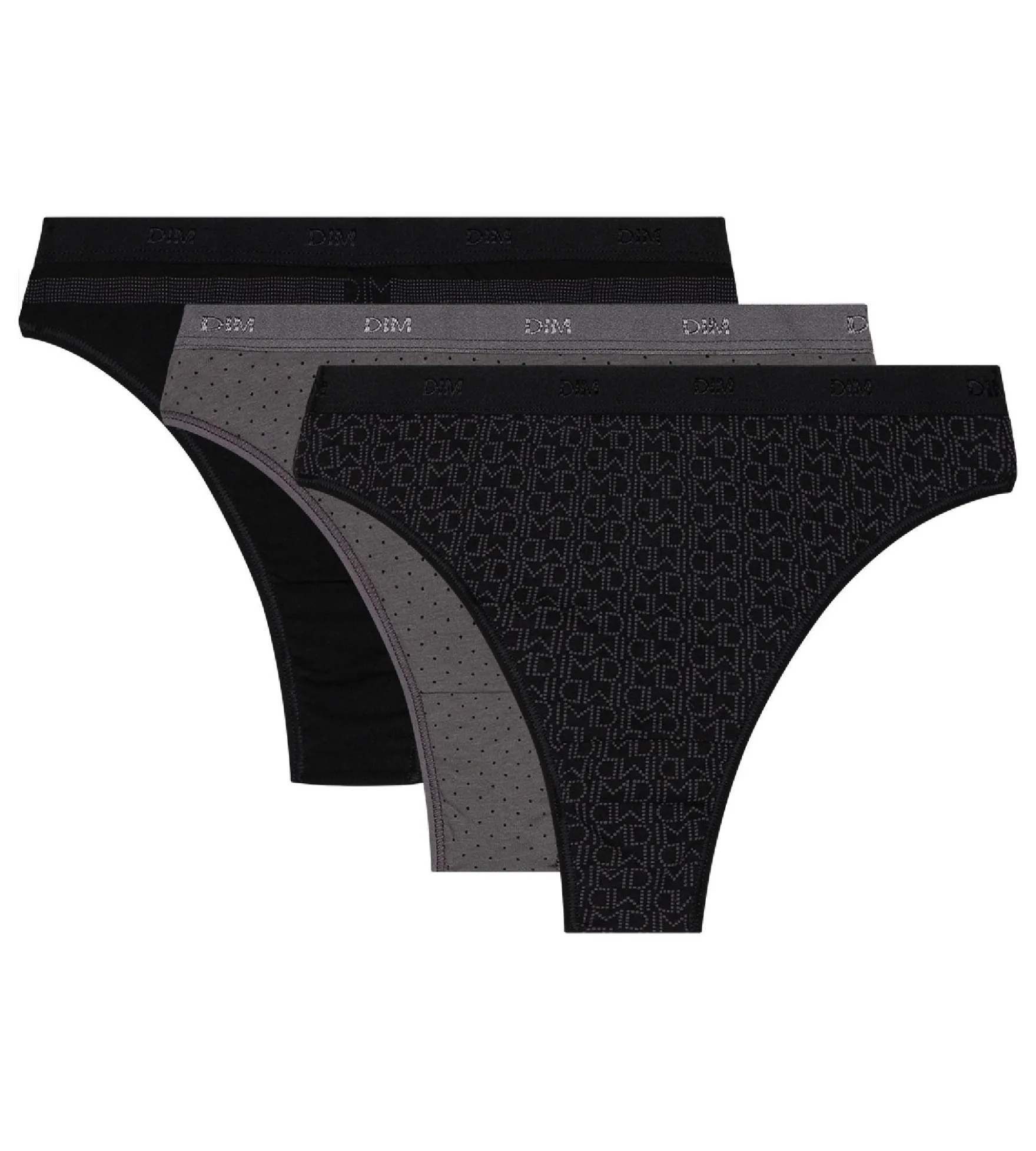 Lot de 3 strings noirs et gris Les Pockets Coton Stretch
