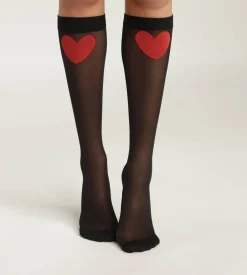 Mi-bas femme en voile transparent Noir motif coeur rouge Dim Style