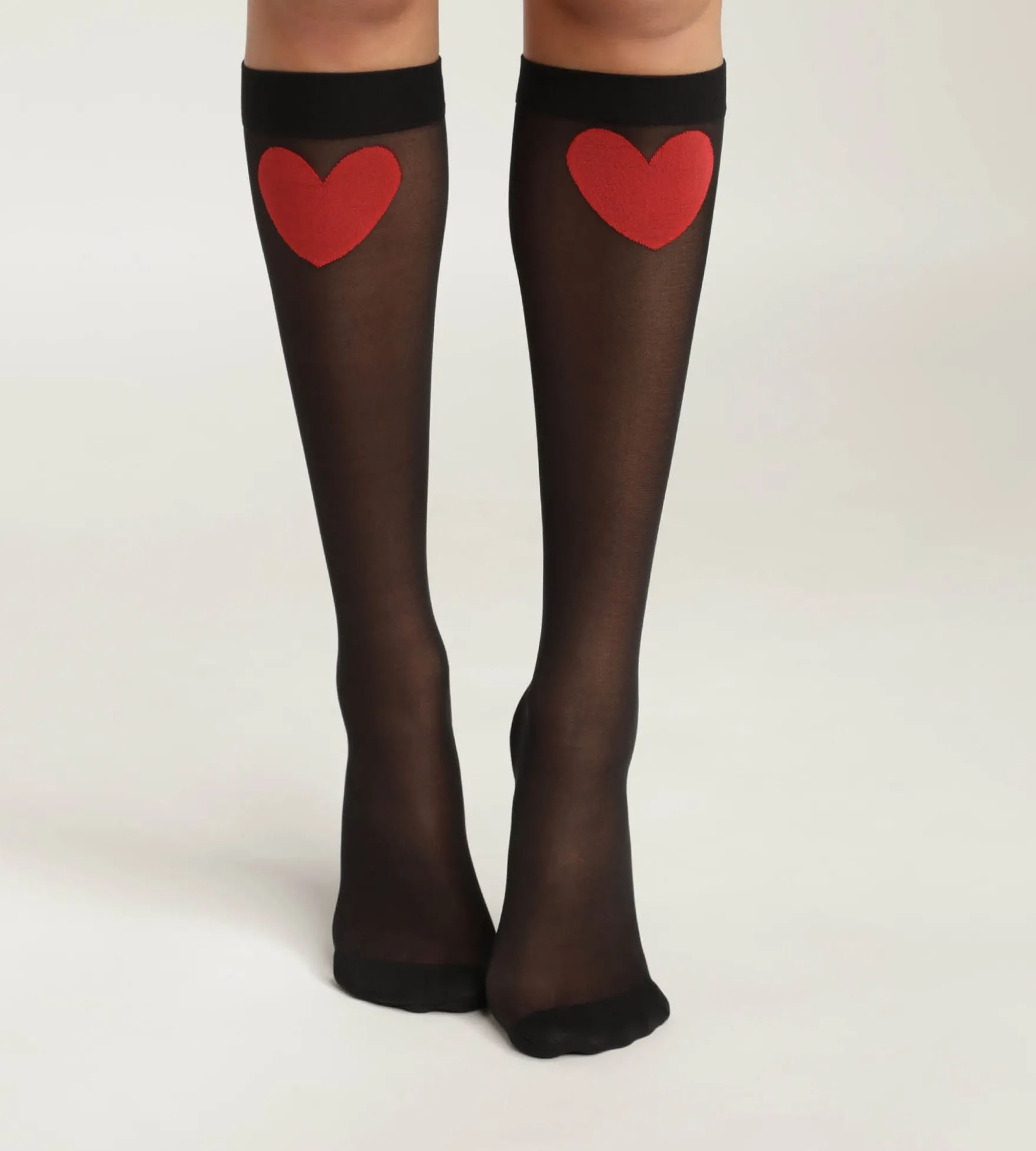 Mi-bas femme en voile transparent Noir motif coeur rouge Dim Style