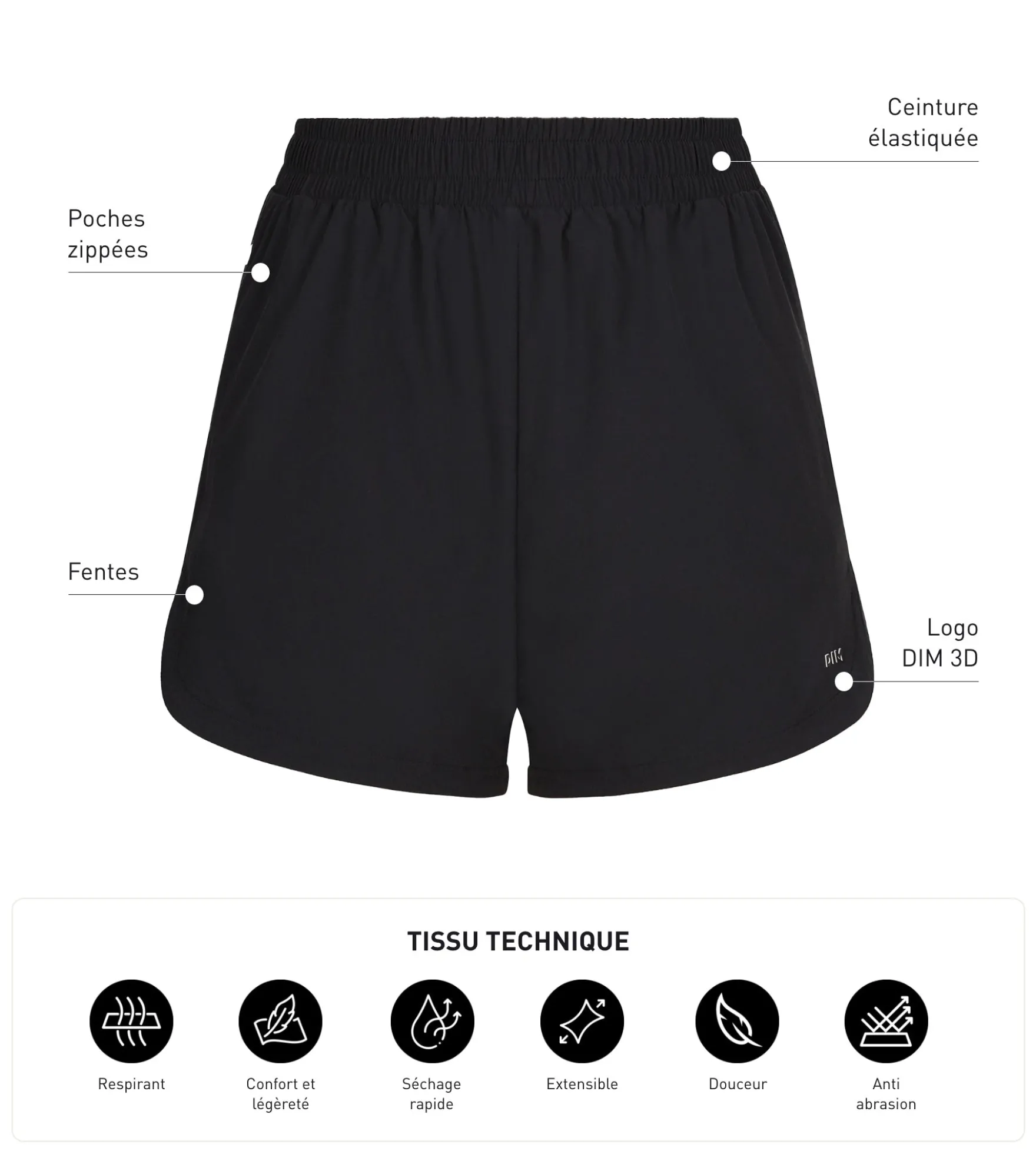 Short de sport femme en viscose noire Dim Move