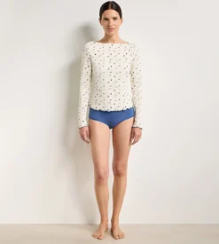 Top manches longues col bateau coton écru imprimé fleuri Slow Days Fresh Vibes