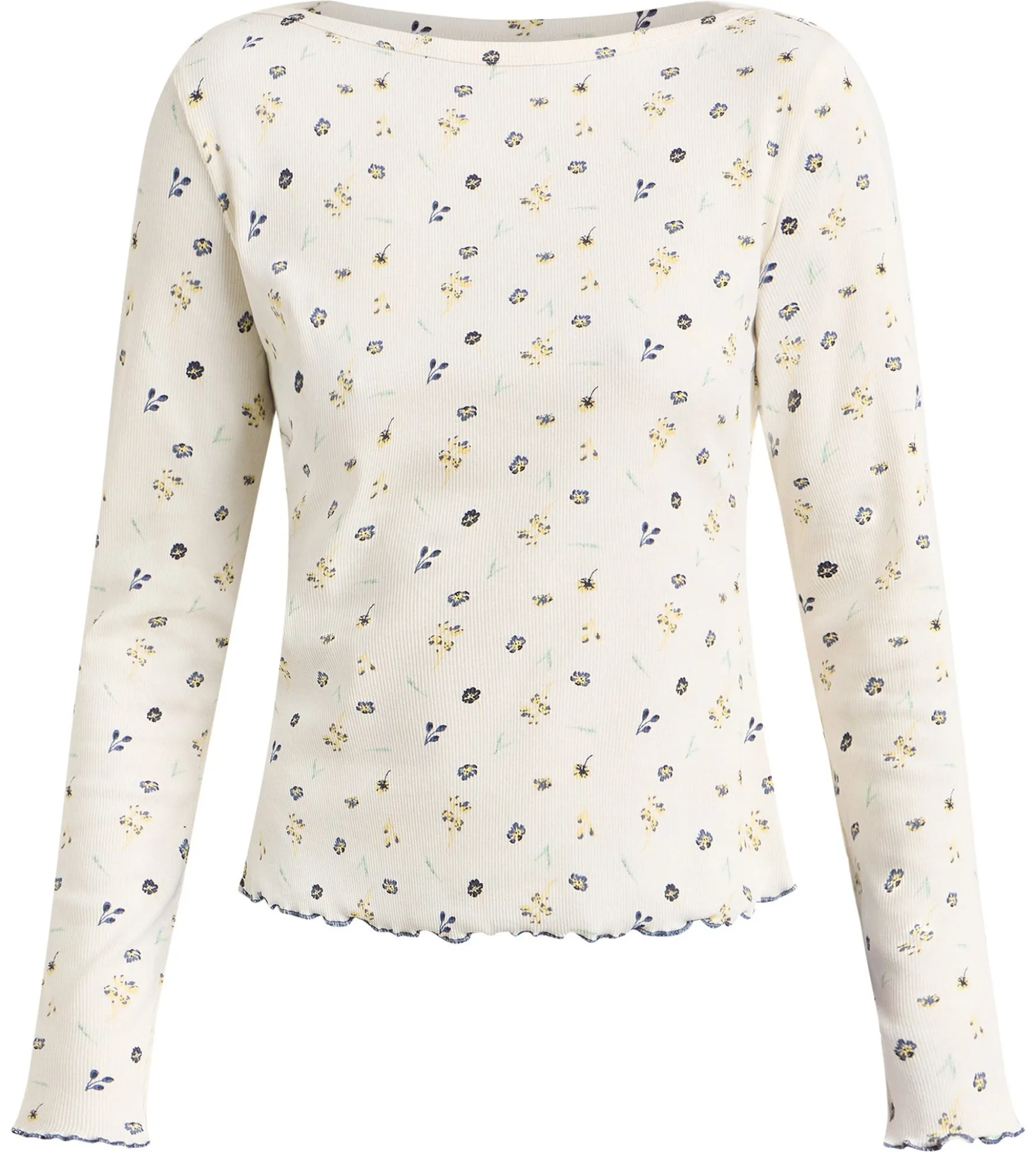Top manches longues col bateau coton écru imprimé fleuri Slow Days Fresh Vibes