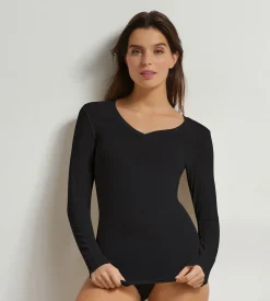 T-shirt femme col V modal et cachemire Noir Light & Warm