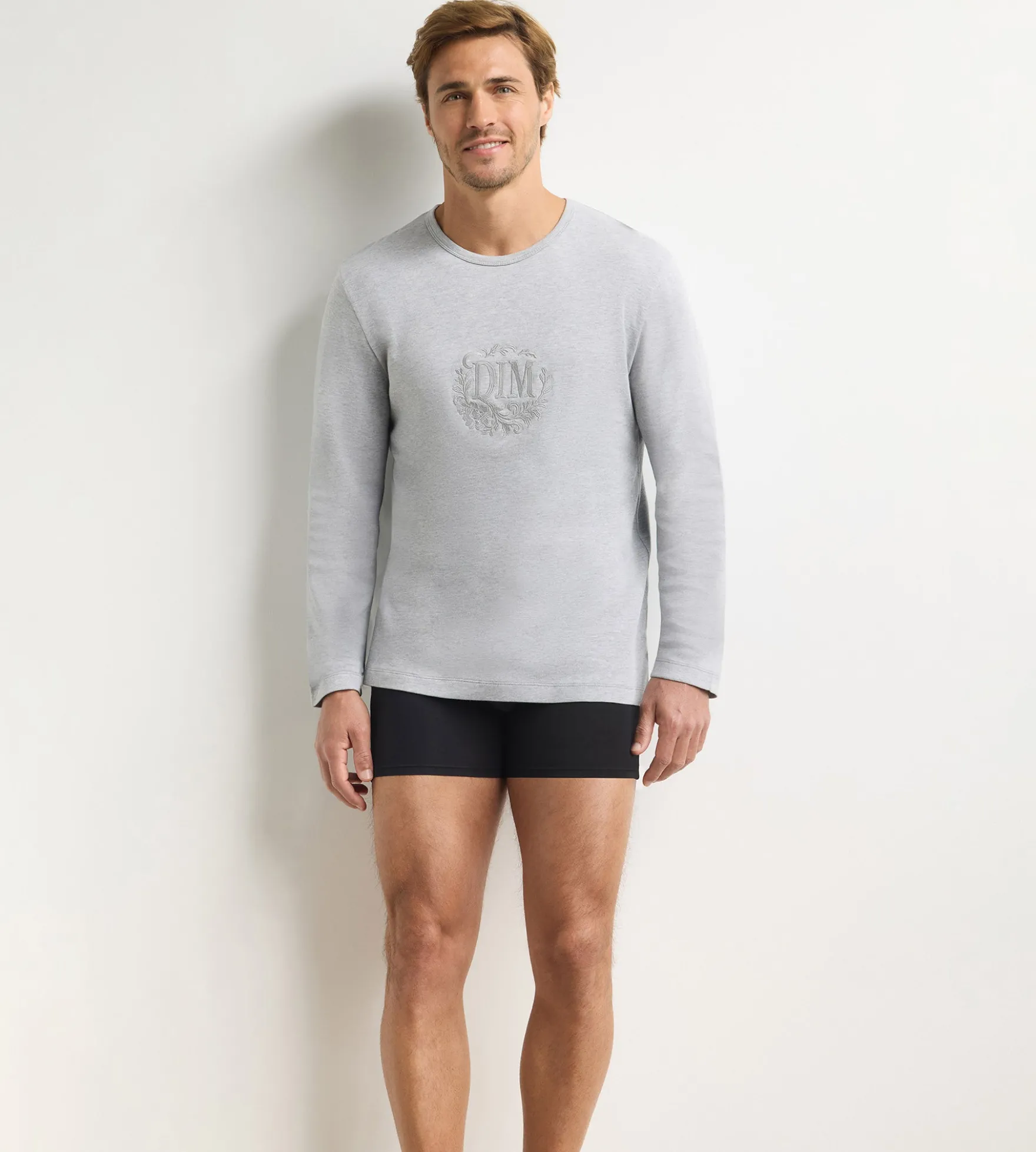 T-shirt homme manches longues col rond gris mélange Dim Interlock